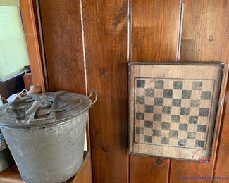 Antique Dough Mixing Pail and Primitive Checkers Board