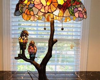 Tiffany Style, Accent Lamp, "Birds in Harmony" Certificate of Authenticity Included