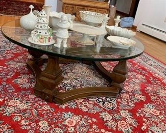 glass and wood coffee table / oriental area rug 6 ft x 8 ft hand made