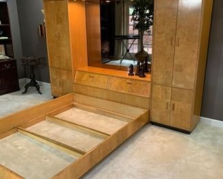 Vintage Henredon Scene 2 Burl Wood Queen Platform Bed. Pieces are modular , therefore side cabinets can be used separately.