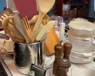 Very nice selection of Corning Ware, kitchen utensils