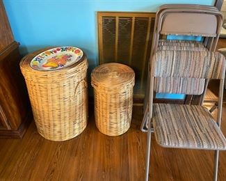 Card table chairs, woven laundry baskets