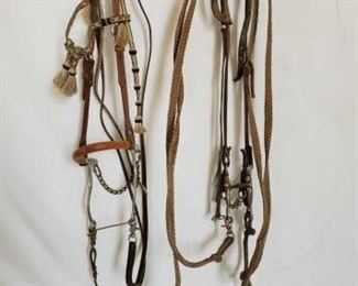 126
Complete Horsehair Headstall Hackamore Bit Bridle and a Bridle with a Tom Thumb Snaffle Bit
Complete Hackamore Bit Bridle and a Bridle with a Tom Thumb Snaffle Bit. Nice horsehair headstall on the hackamore bridle