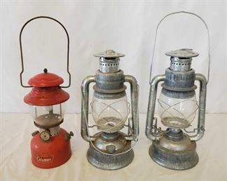 458
Pair of Matching Wizard Oil Lanterns and a Coleman Fuel Lantern
Pair of Matching Wizard Oil Lanterns No.2 C.B. and a Coleman Fuel Lantern