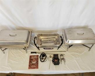 465: Warming Trays and Fabreware Open Hearth Broiler and Rotisserie
Great items for family holidays or parties...
1- Warming Tray
5" Depth x 14" Width x 22" Length
Inside Tray
10" Width X 13" Length X 4" Depth
1-Warming Tray
Missing Water Tray and One Sterno Holder Missing
Contains 2 Insert Trays
2 1/2" Depth x 10 1/4" Width x 13 5/8" Length
1-Fabreware "Open Hearth Broiler and Rotisserie"
11" Width x 16 1/4" Length