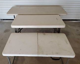 471
Portable Plastic Folding Tables
3 Portable Plastic Tables
1 Samsonite Brand measures 6 ft long, 29 1/2" wide and 29" high. Legs fold in for easy storage
1 Lifetime Brand measures 4 ft long, 2 ft wide and 29" high. Legs fold in transporting and storage
1 Lifetime Brand measures 4 ft long, 2 ft wide and 22 - 36" high. legs are adjustable for 2 different heights, fold in for easy storage and table folds in half for easy transporting