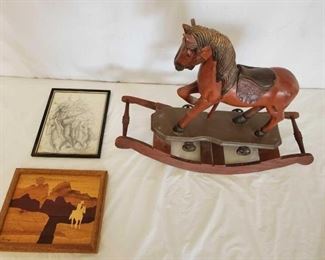 378
Vintage Rocking Horse and 2 Cowboy Pictures
19" tall Vintage Rocking Horse and 2 Pictures
Wooden Art 8x10
Signed pencil art 8x10 and signed by artist Petree