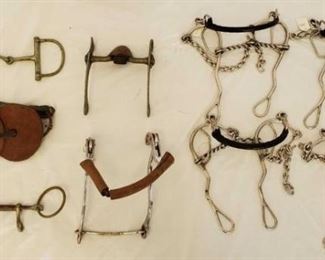 384
9-Misc Combinations of Bits
1- D Ring Snaffle
1- O Ring Snaffle with Leather Bit Guards
1- English Bit
1- Correction Bit with Copper Roller
1- Hackamore with Long Shank
4- Combination Long Shank Hackamore Gag Bits with Twisted Wire Mouth Pieces. New, some with the tags still attached. (See Pic)