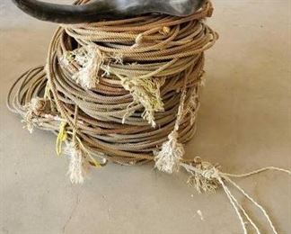 385
1 Steer Head Roping Dummy, New Leather Horn Wraps, 3 Misc Bundles of Used Rope
1- Steer Head Roping Dummy
3- Large Bundles of used Ropes. New leather horn wraps. Great for home or yard decor, projects or crafts. Using your imagination and the possibilities are endless.
1- Leather Horn Wrap