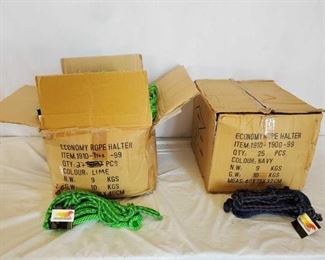 88
2- Cases of New Knotted Ranch Rope Halters with 6 ft Lead Ropes Attached
2- Cases of New Knotted Ranch Rope Halters with 6 ft Lead Ropes still in box
27 + or - Lime green and Black
25 + or - Navy and Tan
Standard horse size