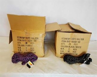 444
New Knotted Ranch Rope Halters with 6 ft Lead Ropes still in the Box
New Knotted Ranch Rope Halters with 6 ft Lead Ropes still in the Box
27 + or - Purple and white
25 + or - Black and white
Standard horse size