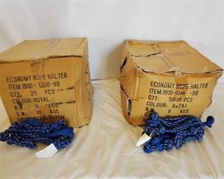 516
New Knotted Ranch Rope Halters With 6ft Lead Ropes Attached
New Knotted Ranch Rope Halters With 6 ftLead Ropes Attached
2 boxes of 25 + or - Royal Blue
All standard horse size