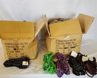 517
New Knotted Ranch Rope Halters With Lead Ropes Attached
New Knotted Ranch Rope Halters With 6 ft Lead Ropes Attached
25 + or - assorted colors
25 + or - black & white
All standard horse size