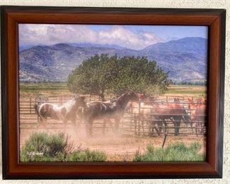 5	

"Captured" Print on Canvas by Rhonda Graham
"Captured" Ranch photography Print on Canvas by Rhonda Graham
This gathering was done to get them captured to get them ready for camp after their winter off.  Horses are at the catch pens at Las Flores in Summit Valley, Ca. This print comes with a letter of authenticity, dated and signed by Rhonda Graham.
Size; 24" x 18" including frame