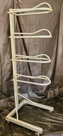 289
4-Tier Steel Saddle Rack on Wheels with Wheel Locks
4-Tier Steel Saddle Rack on Wheels with wheel locks. These racks are just perfect for any tack room. In excellent shape and holds four saddles just perfect. Rack measures 73 1/2"x 26"x 28" deep.
Saddles not included