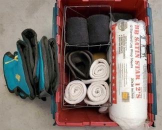 538
Lot of Horse Leg Wraps, Toklat Shipping Boots, Polos and Professional Choice Bell Boots
This lot is full of all sorts of leg wraps for your equine friend. It includes a complete set of Toklat shipping boots (2) size 14" and (2) size 16". One package of leg wrap sheets, 30" x 36" in package. Also includes two sets of bell boots by Professional Choice. Polo wraps, 7 in total come in a variety of colors which include purple, teal, red, teal and black. (3) Leg wraps which measure 28"L x11"W and (2) that measured 28"LX15"W. Bathing Sponge is a bonus.