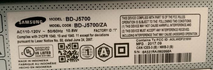 #3 Samsung Blu Ray DVD Player BD-J5700