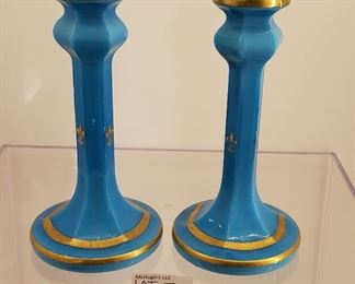 antique blue glass French candlesticks