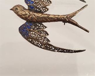 antique filigree and enamel bird pin