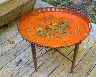 Chinoiserie oval painted tray with faux bamboo stand