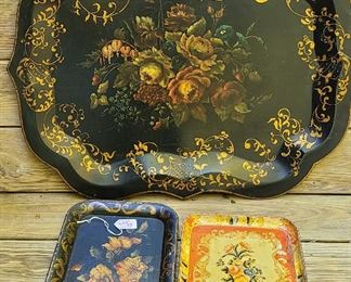 Large antique tin painted tray with original decoration 2 small antique paper mache rectangular trays