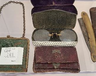 Mixed lot of antique glasses , straight razor, small ladies purses and eyeglass case.