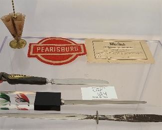 Mixed lot of letter openers one with fly fishing handle, patch and novelty umbrella.