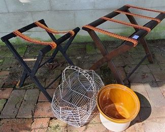 Mixed lot luggage stands, metal egg basket and stoneware container