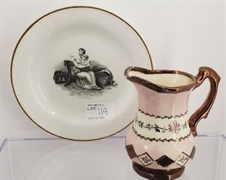 English porcelain lot, bat printed plate, copper luster pitcher
