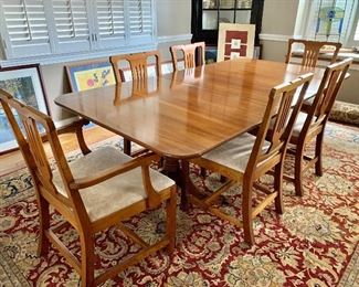$1,800 - Leopold Stickley double pedestal dining table and 6 chairs. Table 97" L (fully extended), 42" W, 29.5" H (includes two extension leaves each 15")