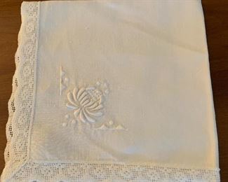 $30 White linen napkins with lace edge (7).  15" x 15"