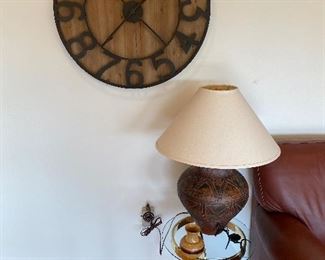 Large Bulova round natural wood wall clock.