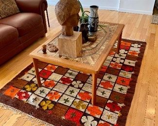 Mid Century San Diego Danish tile top coffee table and beautiful hand woven rug/wall hanging.