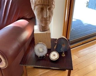 One of 2 Rosewood end tables and the other wood carved head by Marian Owczarski.