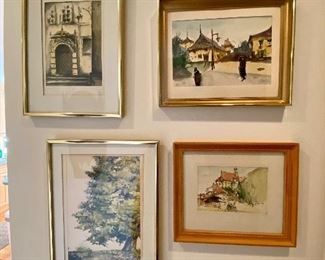 Group of framed watercolors.