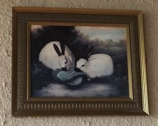 Bunnies Eating Lettuce by P. Rolence, nicely framed