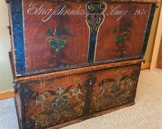 •	1871 Scandinavian Immigrant Trunk With Original Rosemaling and Key.