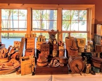 •	Large Selection of Primitives, Dough Bowls, Butter Molds, Antique Tins, 18th Century Scandinavian Antiques.
