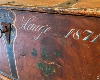 •	1871 Scandinavian Immigrant Trunk With Original Rosemaling and Key.