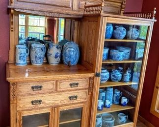•	Large Antique Butlers Cabinet, Selection of Utica NY Stoneware (1860's-1890's)