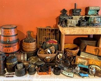 •	Selection of Salesman Sample Stoves, Powder Kegs, 17th-18th Century Tankards and Vessels.