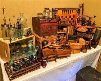 •	Selection of Scandinavian Tina Boxes, Brides Boxes, Antique Cigar Crate, Beater Jars