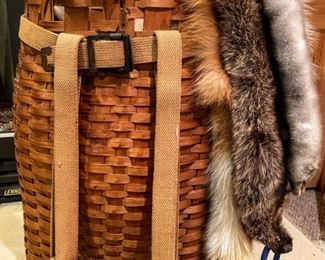 •	Antique Trapper Basket, Selection of Various Pelts