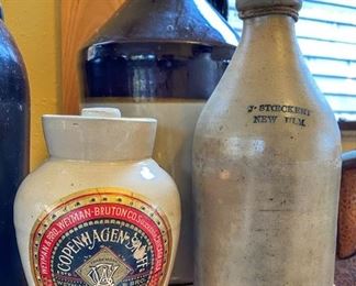 •	Antique Stoneware Copenhagen Jar, Stoneware Ale Bottle New Ulm, MN.