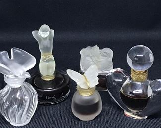 Vintage Paris perfume bottles, Jean Couturier ‘Keora’,  ‘L’Air deTemps’ In Lalique, ‘Farouche’ in Lalique, ‘Volage’ by Neiman Marcus, ‘Isadora’ in Pierre Durand 
