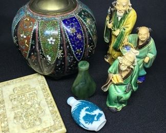 Chinese enameled cloisonné footed incense burner, snuff bottles, antique carved card case, vintage mud men