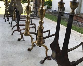 19th century andirons and fireplace accessories, some earlier; knife blade, turned brass, urn, cannon ball and acorn finials