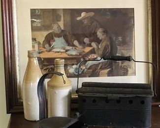 Antique carriage warmer, a copper ‘Betty’ grease lamp, stoneware bottles; great selection of antique framed prints