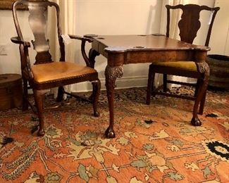 18th century English fold-over card table, late 19th century English openarm chair, 19th century Chippendale style side chair 