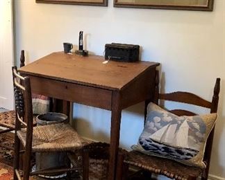 19th century Southern cypress school desk, pair of 19th century Louisiana mahogany and pine child’s chairs 